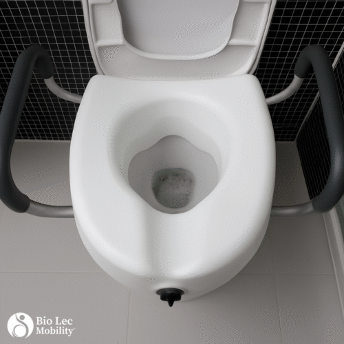 Raised toilet seat with adjustable handles installed on a toilet.