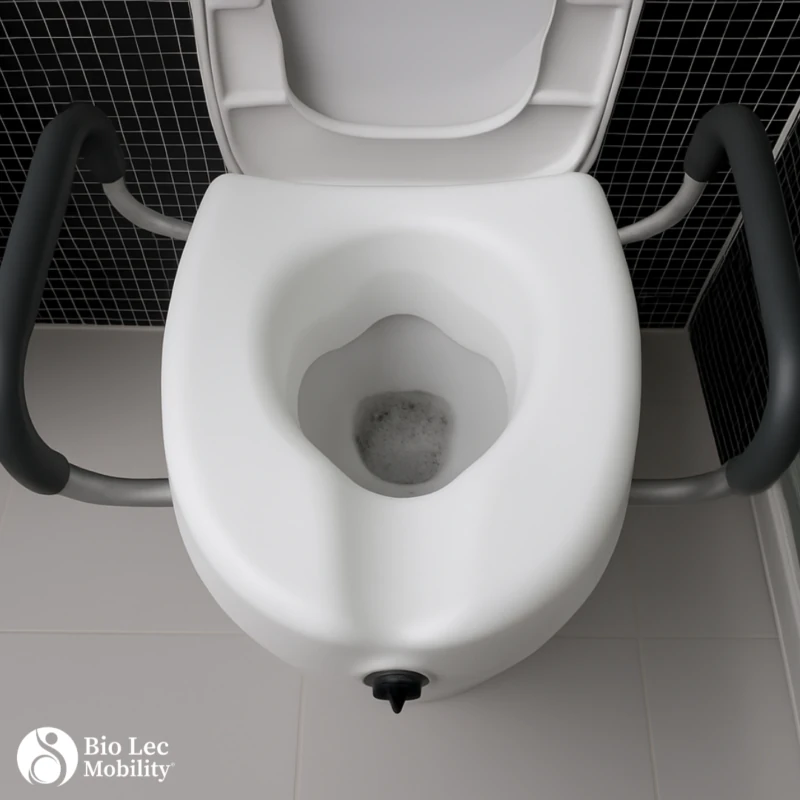 Raised toilet seat with adjustable handles installed on a toilet.