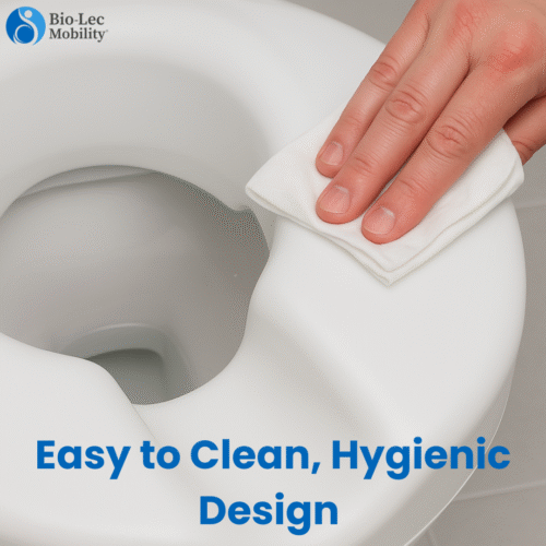 Hand cleaning a white raised toilet seat with a cloth.