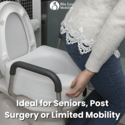 Person using a raised toilet seat with handles.