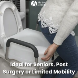Person using a raised toilet seat with handles.