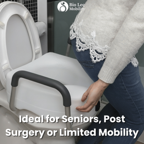 Person using a raised toilet seat with handles.