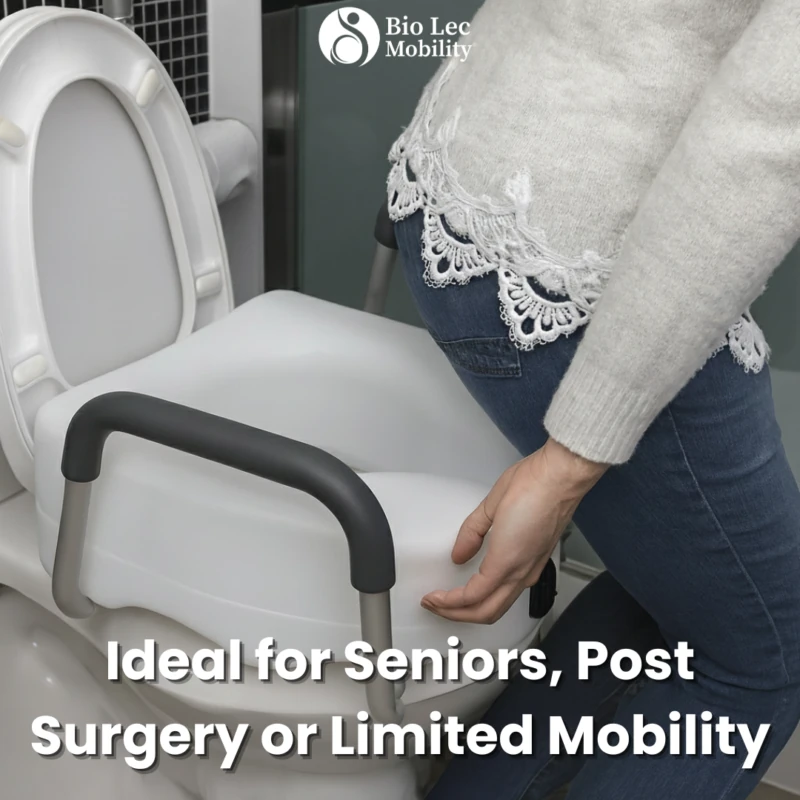Person using a raised toilet seat with handles.