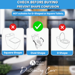 Compatibility guide showing toilet shapes for the Toilet Raiser.