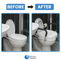 Comparison of a toilet before and after installing a raised toilet seat with handles.
