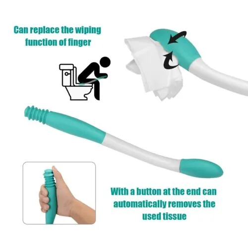 Bottom wiper aid with tissue release button and ergonomic handle.