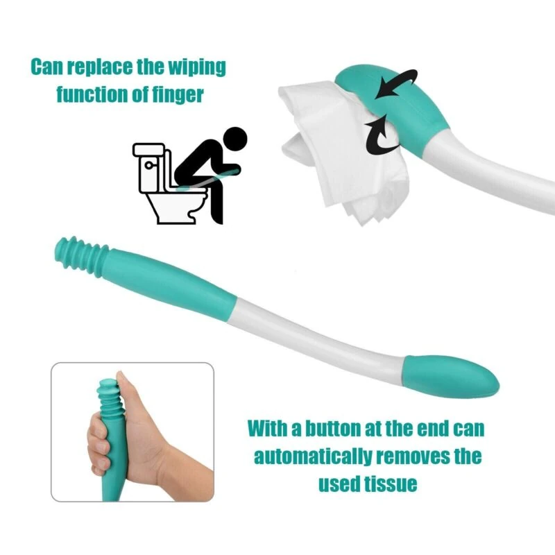 Bottom wiper aid with tissue release button and ergonomic handle.