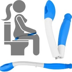 Foldable bottom bum wiper with ergonomic handle and illustration of use.