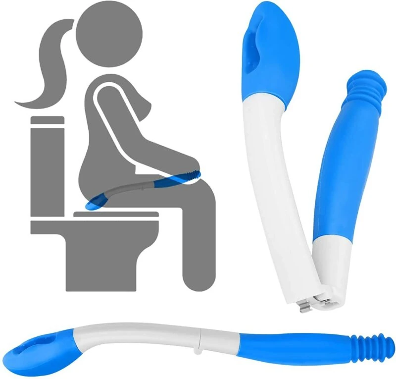 Foldable bottom bum wiper with ergonomic handle and illustration of use.