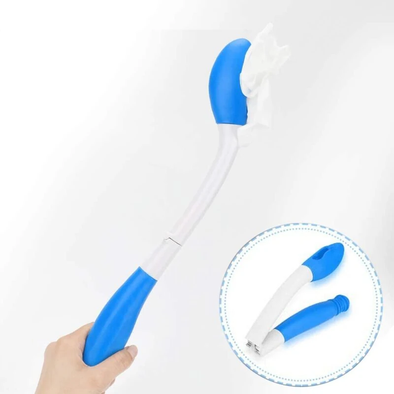 A blue and white foldable bottom wiper held in hand.