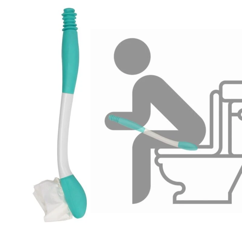 Bottom wiper with teal handle and tissue, illustration of use on toilet.