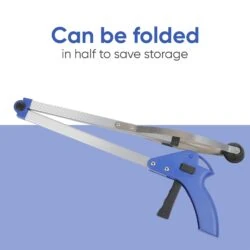 Foldable grabber tool with blue handle and aluminum arm.