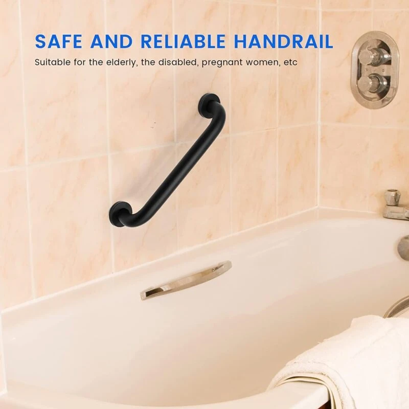 Black grab handle installed on bathroom wall above a bathtub.