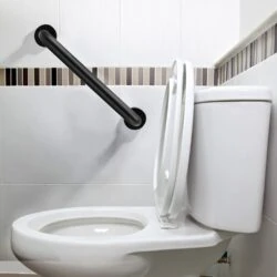 Black grab rail installed on a bathroom wall near a toilet.