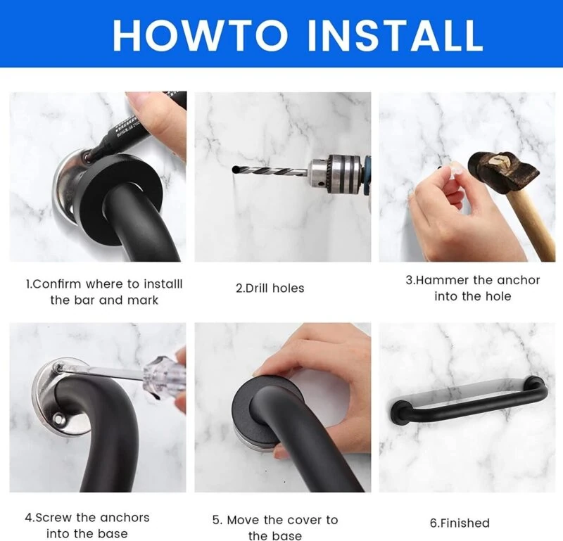 Step-by-step guide on installing a bathroom safety handle on a wall.