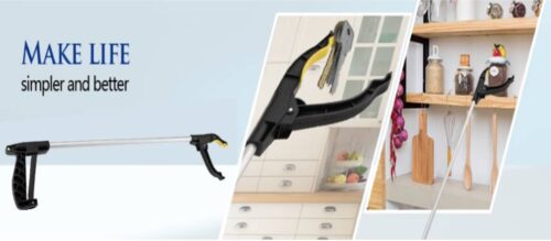 Long reach grabber tool picking up keys and reaching a shelf.