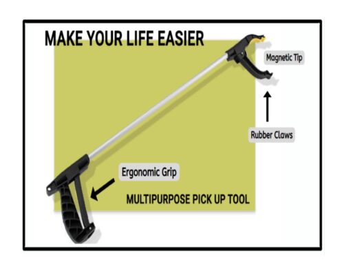 Long reach grabber with ergonomic grip and magnetic tip.