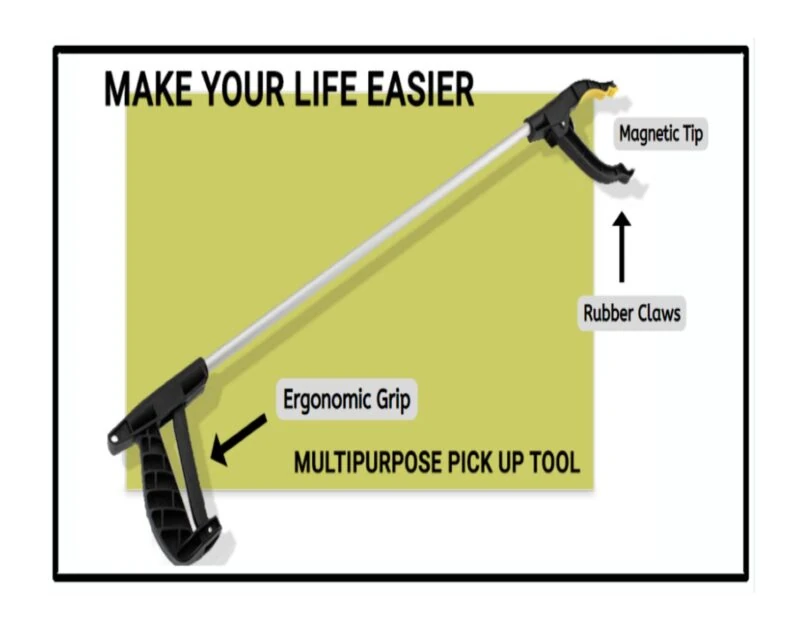 Long reach grabber with ergonomic grip and magnetic tip.