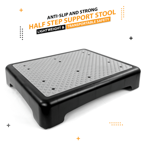 Anti-slip half step support stool with a textured surface.