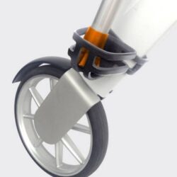Close-up of crutch holder attachment on Lets Fly Rollator wheel.
