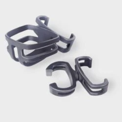 Two black crutch holders on a light background.