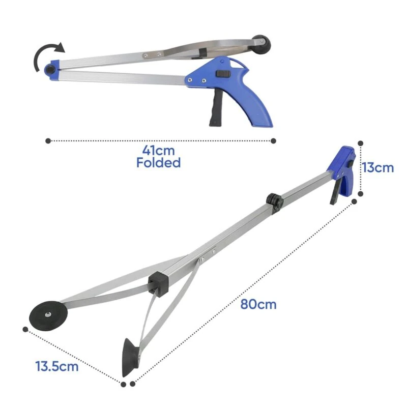Foldable long reach grabber tool shown in folded and extended positions with dimensions.