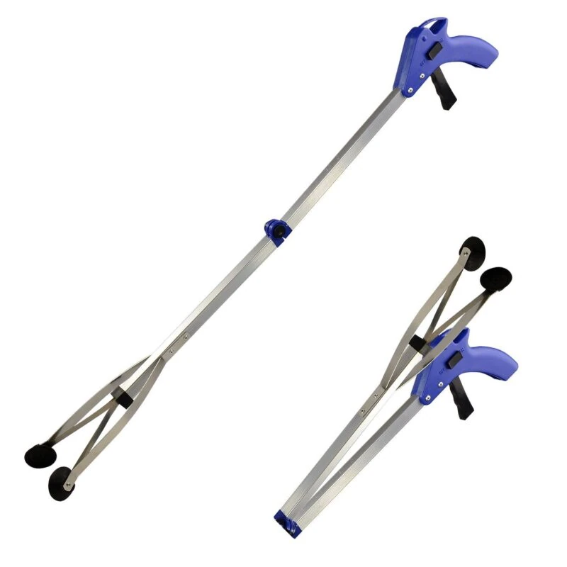 Foldable long reach grabber tool with blue handle and aluminum shaft.