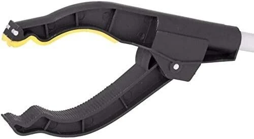 Close-up view of the Long Reach Grabber tool's claw with a yellow soft grip tip.