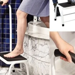 Person using a non-slip safety step with handrail in a bathroom setting.