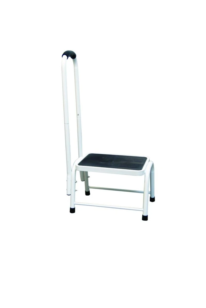 White step stool with a handrail and non-slip surface.