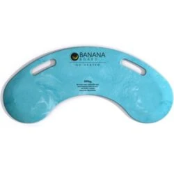 Curved blue transfer board with two handles and visible text.