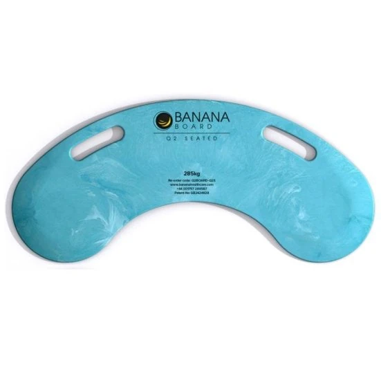 Curved blue transfer board with two handles and visible text.