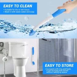 Foldable Bottom Bum Wiper shown in water and hanging in a bathroom.