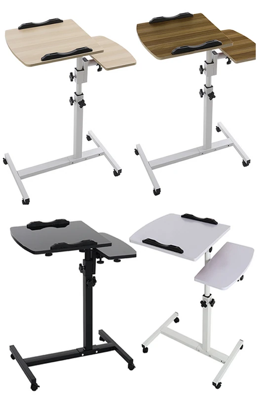 Four overbed tables in different colors: natural wood, brown wood, black, and white.