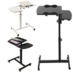 Three overbed tables with adjustable height in black and white colors.