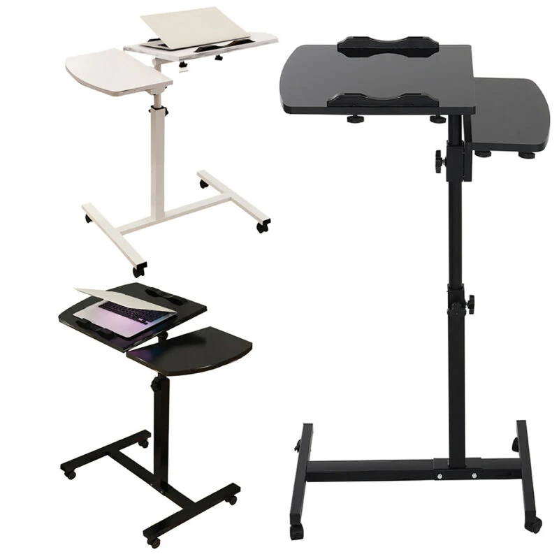 Three overbed tables with adjustable height in black and white colors.