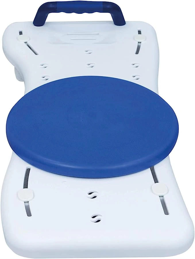 White bath board with blue swivel seat and handle.