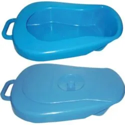 Blue plastic bedpan with a lid, featuring handles on both sides.
