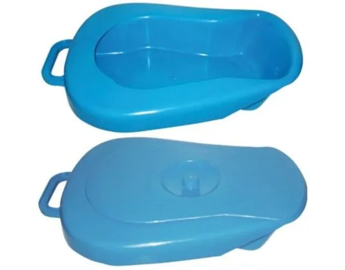Blue plastic bedpan with a lid, featuring handles on both sides.