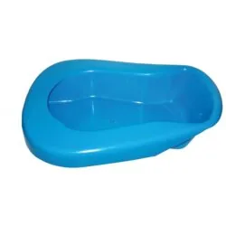 Blue plastic bedpan without lid.
