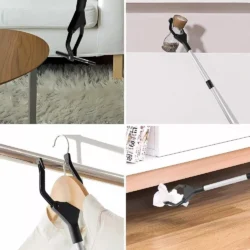 Long reach grabber tool picking up various items like a jar, hanger, and tissue.