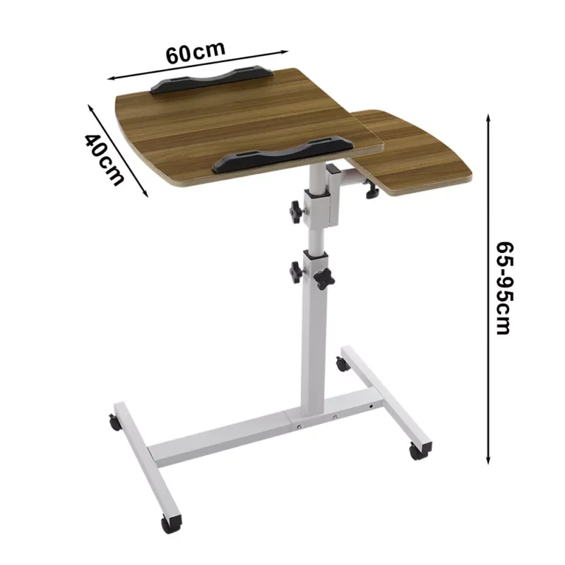 Adjustable overbed table with twin top, showing dimensions.