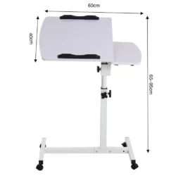 White adjustable overbed table with twin top and measurement indicators.
