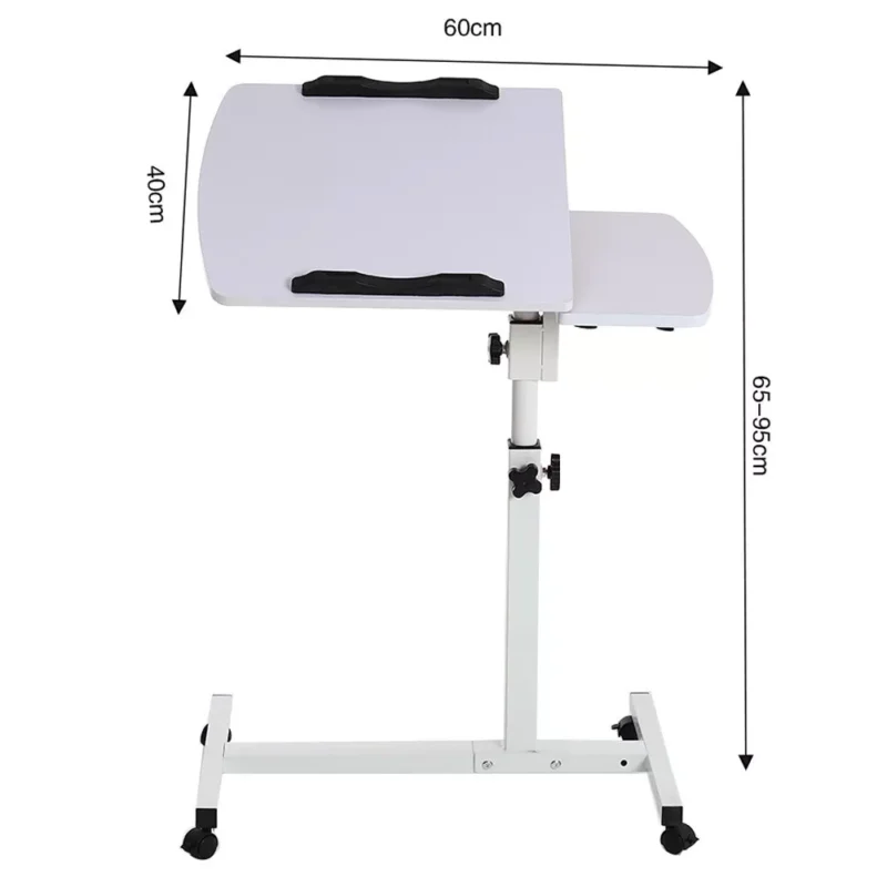 White adjustable overbed table with twin top and measurement indicators.