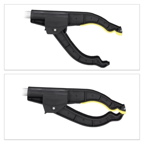 Close-up of the Long Reach Grabber's black and yellow claw mechanism.