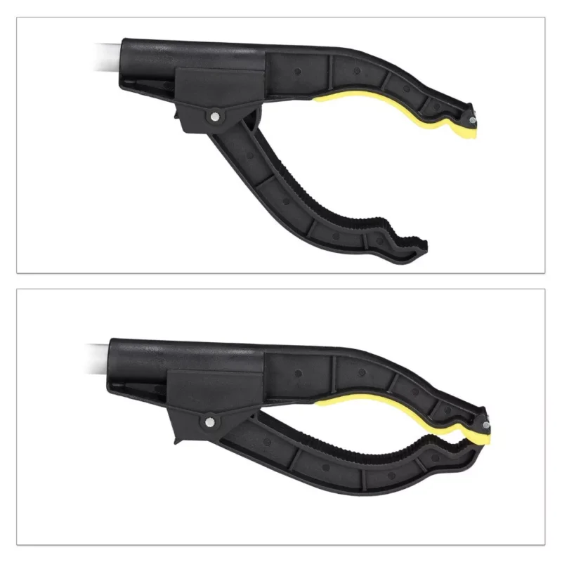 Close-up of the Long Reach Grabber's black and yellow claw mechanism.