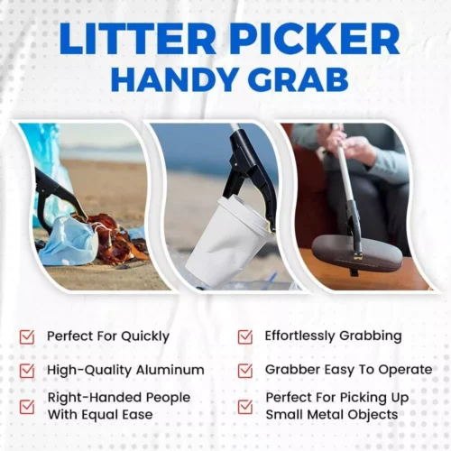 Litter picker tool shown picking up various items.