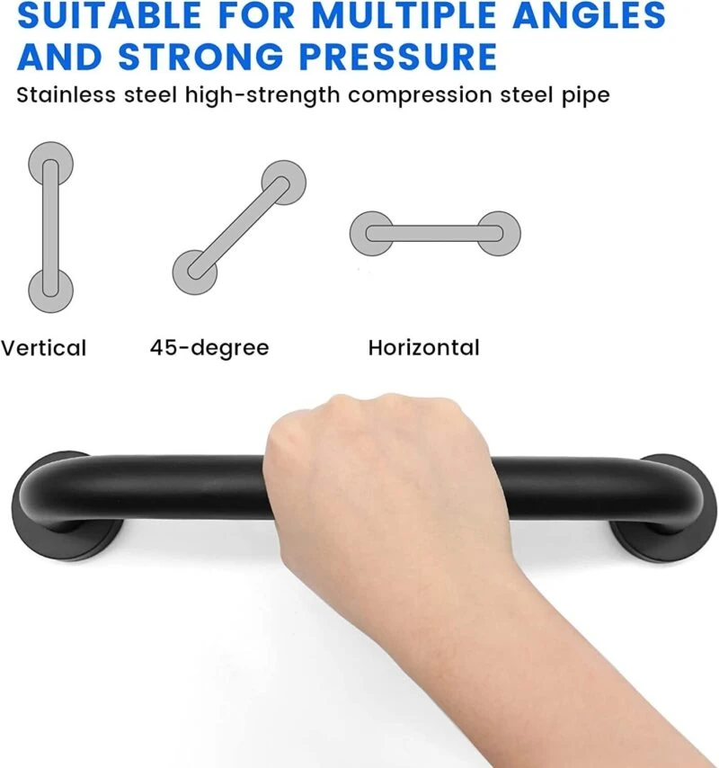 Hand gripping a black bathroom safety handle mounted horizontally.