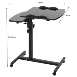 Black adjustable overbed table with twin top and wheels.