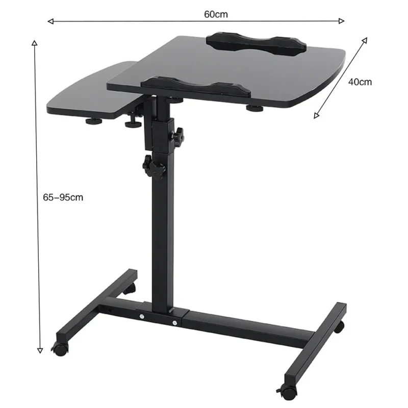 Black adjustable overbed table with twin top and wheels.